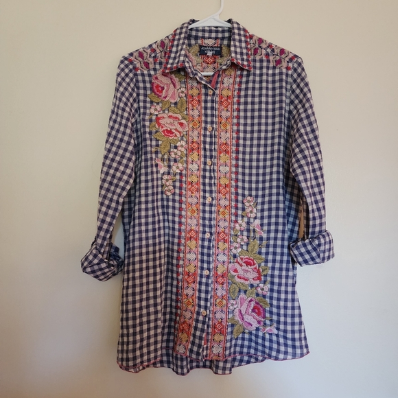 Johnny Was Workshop Gingham Plaid Embroidered Floral Button Down Top Rodeo Shirt - Picture 3 of 15